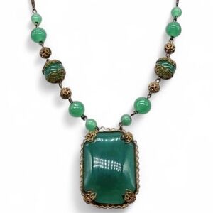 Antique Art Deco Signed Neiger Bros Emerald Green Czech Glass Necklace RARE